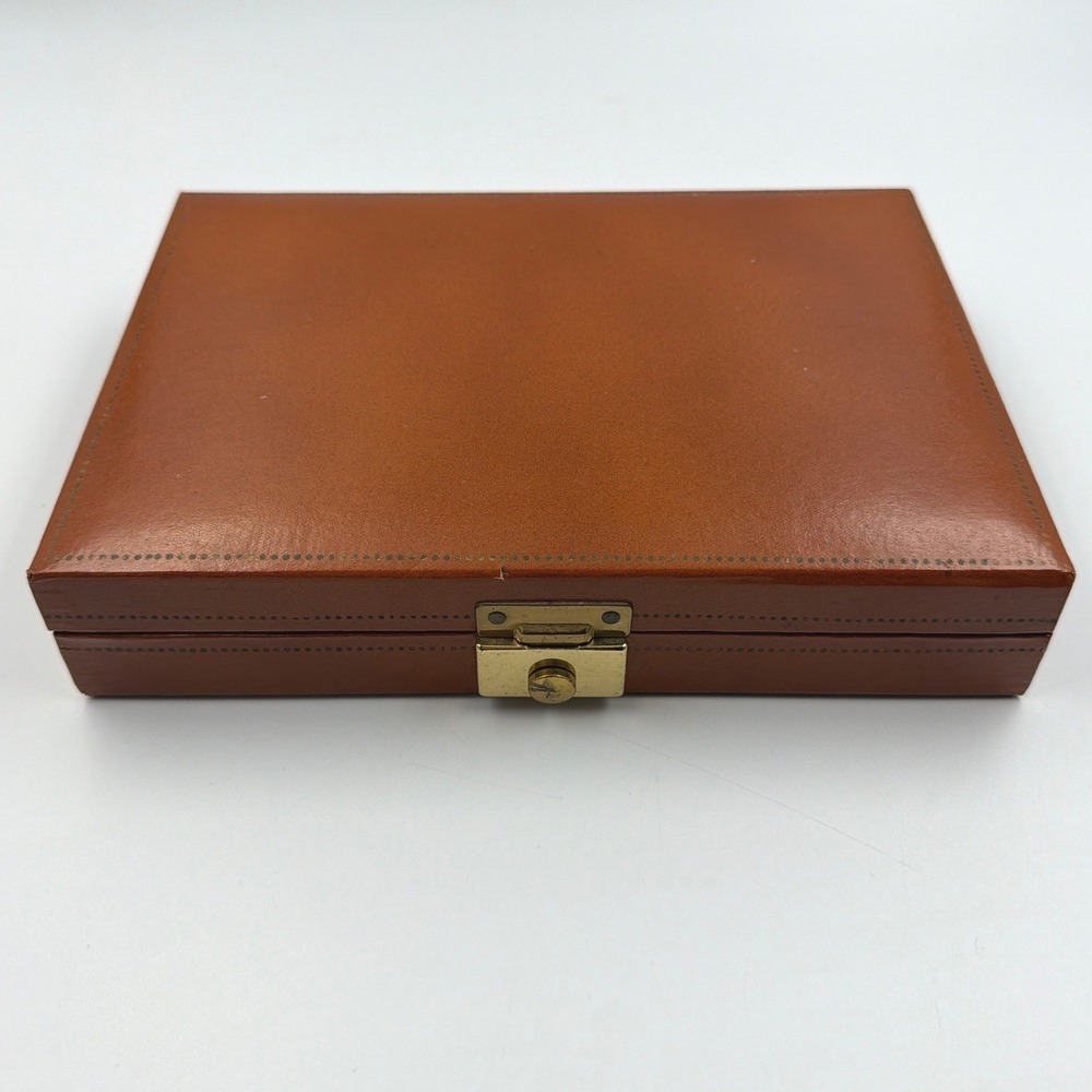 1960's Mele Jewelry Box Velvet Lined 12 Slot Clasp Brown Faux Leather Signed